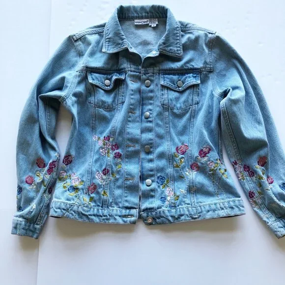 NEWPORT NEWS Vintage Embroidered Floral Denim Jean Jacket Womens 8 - Picture 3 of 11